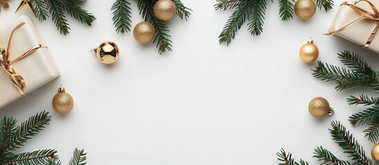 festive holiday border with presents, evergreen tree, and golden ornaments on a white backdrop. ampl