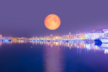 Wall Mural - View of the Vieux port (Old Port) with full moon - Marseille, France   