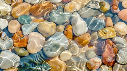 Smooth multi-colored pebbles are visible beneath clear water in this close-up shot. copy space for text.