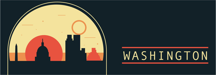 Wall Mural - Washington city retro style vector banner with skyline, cityscape. USA state vintage horizontal illustration. United States of America travel layout for web presentation, header, footer