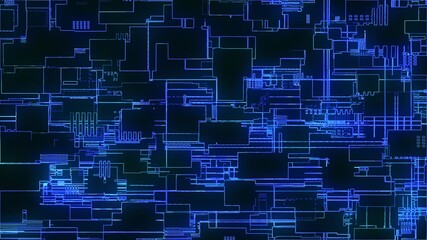 Poster - Printed circuit board. Advanced technology concept visualization: PCB processor microchip, neural network digitization and cloud computing. Digital lines transmit data. 4K animation