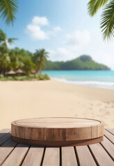 Wall Mural - Wooden podium for product display on the tropical beach background