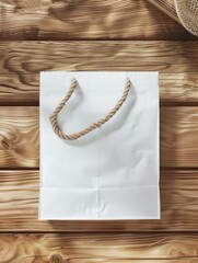Wall Mural - White Packaging Bag Mockup on Wooden Table with Header Seal, Top View