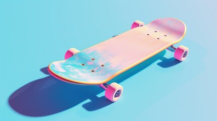 Skateboard illustration on a blue background, cute pastel colors