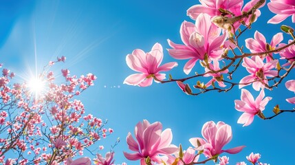 Stunning pink magnolia in full bloom under clear blue skies on a sunny spring day