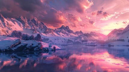 Stunning pink sunset over snowy mountain peaks and lake. copy space for text.