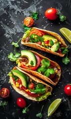 Traditional Mexican tacos on rustic background with copyspace