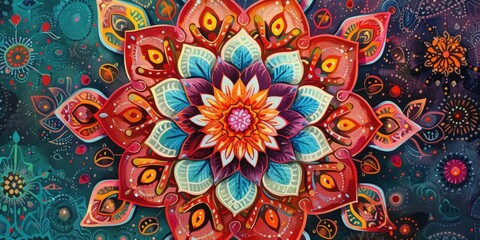 Wall Mural - Close up of a colorful floral pattern painting of mandala comprised of various flowers, leaves, and botanical elements while using a vibrant color palette including shades of red and black. AIG42.