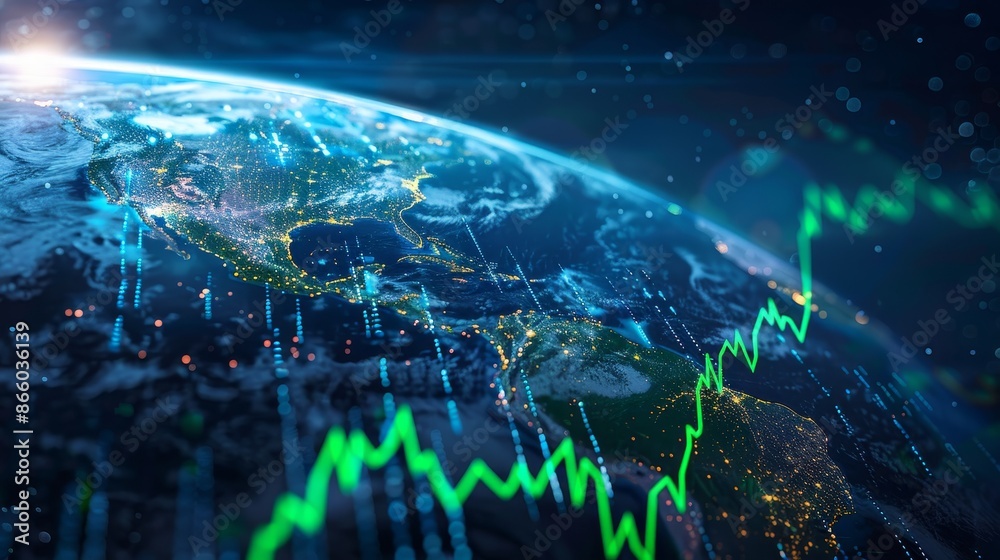 Global business growth depicted by a rising stock market graph, Earth ...