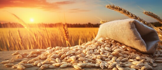 Fototapete - Field of oats and bag of oatmeal set against a sunset backdrop, depicting the grain harvest in agriculture. Copy space image.