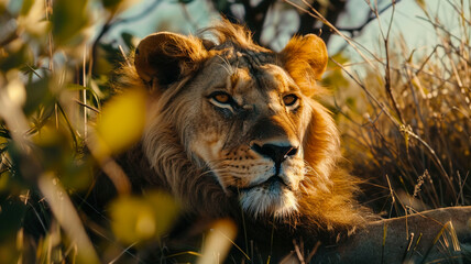 Wall Mural - Majestic lioness resting in the African wilderness, AI Generative.