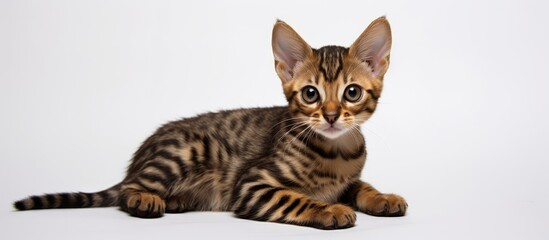 Poster - A small Bengal kitten with dark fur rests on a white backdrop, providing room for additional content in the image.