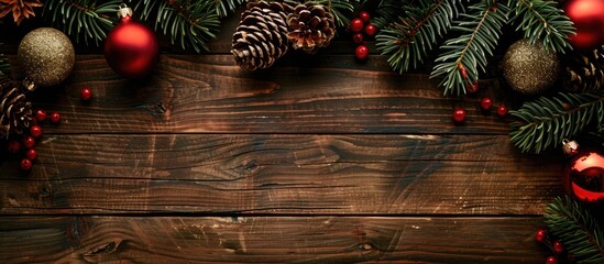 Aufkleber - Top view of a holiday composition featuring fir tree branches, Christmas decorations on a wooden backdrop, with ample copy space for your own images.