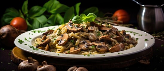 Poster - A plate of pasta topped with a rich and velvety mushroom sauce, perfect for any pasta lover, ready to be enjoyed in a restaurant setting with a beautiful copy space image.