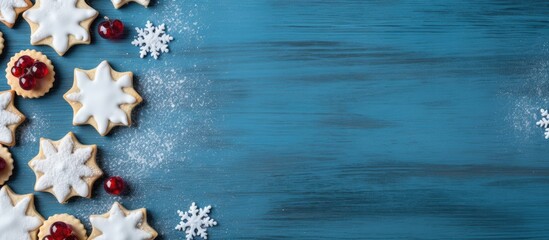 Poster - Austrian Linzer cookies with raspberry filling on blue wooden backdrop. Top view shot emphasizing winter holiday theme, with ample copy space image.