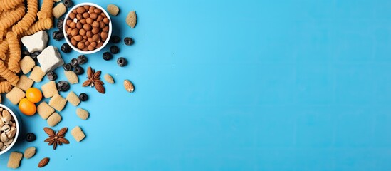 Poster - Blue background with pet food and basketball next to copy space image.