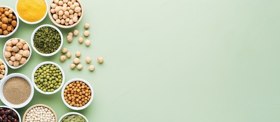 Poster - Top view of white bowls containing dried chickpeas, assorted legumes, and spices on a light green backdrop, ideal for promoting vegetable protein, copy space image.