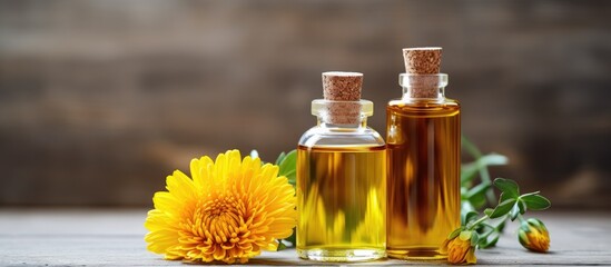 Poster - Chrysanthemum daisy flower essential oil tincture displayed on a white wooden table with a copy space image for herbal medicine.