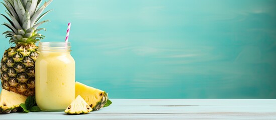 Leinwandbilder - Pineapple smoothie in a bottle surrounded by mint and fruits on a light blue wooden table with space for text in the image. with copy space image. Place for adding text or design