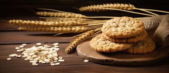 Fototapete - Oat cookies displayed on a rustic wooden table with a blank space for adding an image. with copy space image. Place for adding text or design