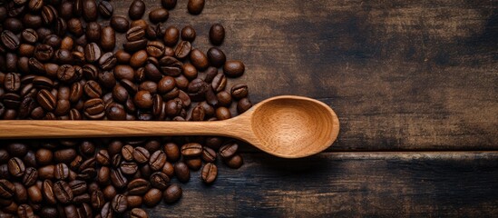 Aufkleber - Wooden spoon placed next to a coffee bean with a rustic background, creating an ideal copy space image.
