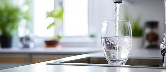 Aufkleber - A thirsty person filled a glass with pure tap water in the kitchen, emphasizing the cleanliness and purity of natural water with a copy space image.