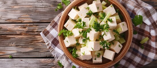 Poster - Tofu soy cheese or paneer or feta cheese cubes adding fresh parsley and celery in a ceramic bowl on a checkered napkin isolated top view. with copy space image. Place for adding text or design