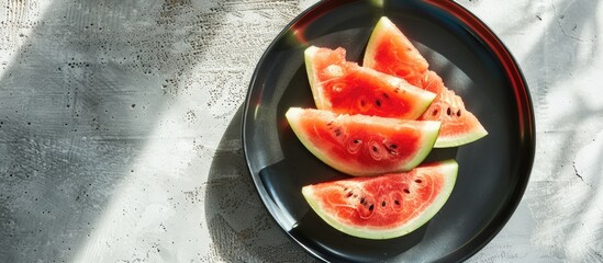 Aufkleber - A black plate holds watermelon slices on a concrete backdrop with sunlight shadows, providing copy space in a top view image.