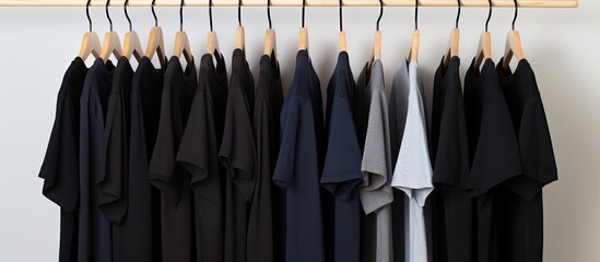 Poster - Black t-shirt hanging on a rack with a tag, against a white background with copy space image. Fashion concept emphasizing clothes, color, and fabric.