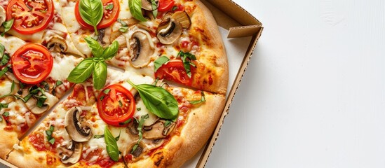 Poster - Pizza topped with tomato, mozzarella, and porcini mushrooms in a takeout box, isolated on white background with room for text, copy space image.