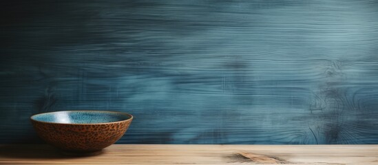 Poster - Rustic wooden surface showcasing a Japanese handmade ceramic bowl with unique ceramic texture and copy space image.