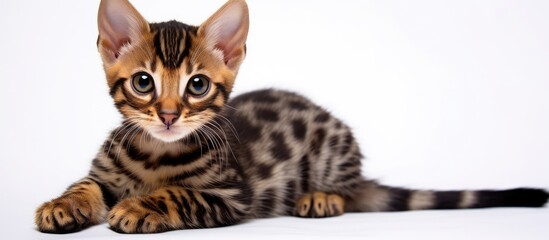Poster - A small Bengal kitten with dark fur rests on a white backdrop, providing room for additional content in the image.
