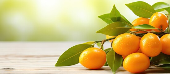 Poster - Ripe kumquats with leaves displayed on wooden table with copy space image.