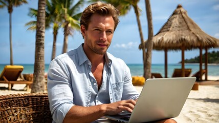 Wall Mural - Man working with his laptop online working in the summer vacation in the beach while resting