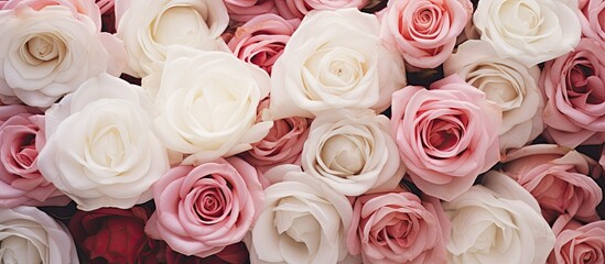 Poster - close-up shot of pink and white roses with a blank area for text or image insertion. with copy space