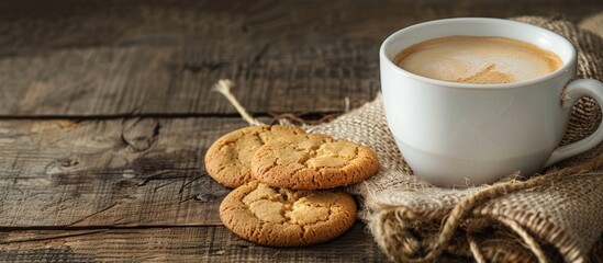 Fototapete - A white cup of coffee and cookies in a brown hemp sack are arranged on a vintage wooden table with a simple, relaxing morning vibe, featuring copy space for your text.