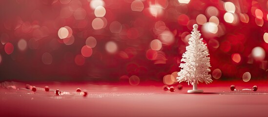 Poster - Shot intentionally made blurry. A small white Christmas tree stands on a red table. The tree is decorated with chains of light, small white and large red balls. with copy space image