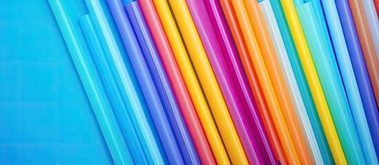 Poster - Colorful plastic straws stacked on a vibrant background in a flat lay composition with space for text. Copy space image.