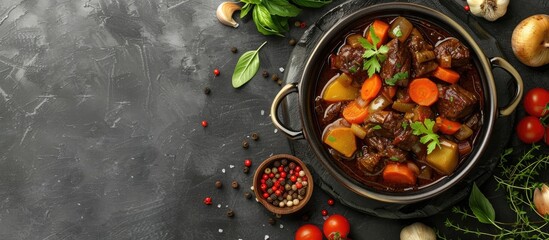 Poster - Vegetables accompany a beef bourguignon stew on a grey backdrop highlighting a copy space image.