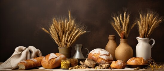 Aufkleber - A backdrop filled with home baking ingredients, embellished with wheat ears, offering space for additional images or text.