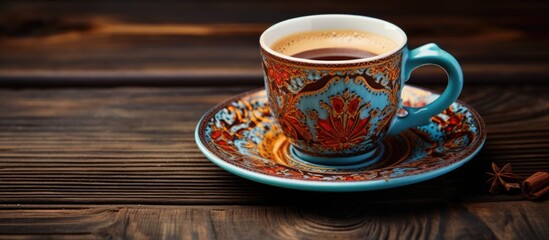 Poster - Traditional Turkish coffee cup with intricate patterns and a retro feel, placed on a wooden table with a blank copy space image for text or design elements.