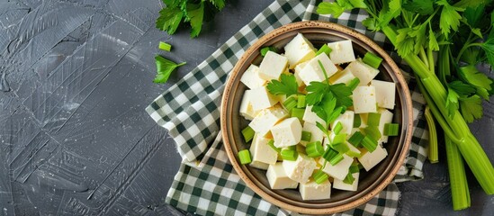 Poster - Tofu soy cheese or paneer or feta cheese cubes adding fresh parsley and celery in a ceramic bowl on a checkered napkin isolated top view. with copy space image. Place for adding text or design