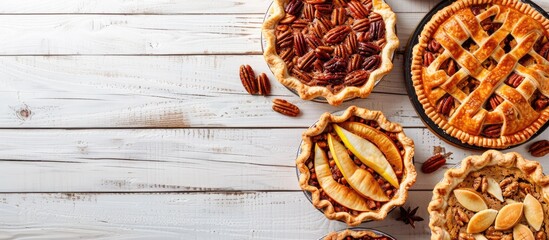 Aufkleber - Various homemade autumn pies like pumpkin, apple, and pecan displayed from an above view on a white wooden surface, creating a corner border with available copy space image.