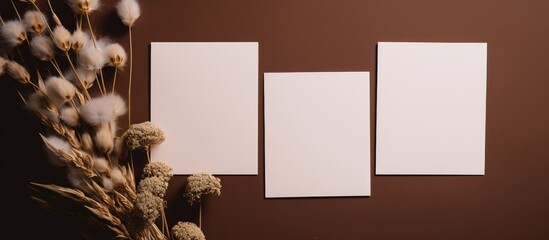 Poster - Minimalistic flat lay composition featuring blank greeting cards with dry flowers on a brown backdrop, emphasizing the mockup copy space image on the paper sheets.