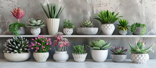 Poster - Green plants in cement concrete and white pots, colored succulents, stand on a white table and shelf. The concept of the florist and flower shop and interior decor. with copy space image