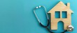© vxnaghiyev - Home inspection concept illustrated with a stethoscope on a blue background featuring a wooden house mockup, with ample copy space image.