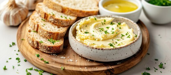 Wall Mural - Slices of bread and garlic butter on a light wooden board