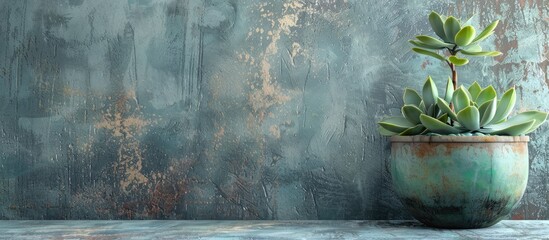 Poster - Gray stone background sets the scene for a green plant pot with a succulent, leaving room for additional elements in the image.