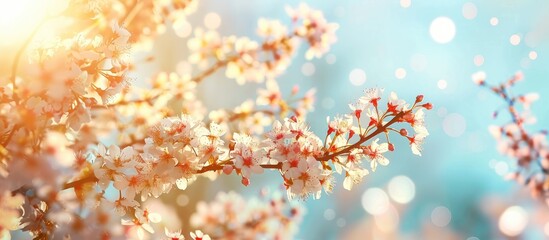 Poster - Spring cherry branches in bloom with a soft focus against a light blue sky, bathed in sunlight, creating a serene floral landscape with copy space image for a panoramic view.