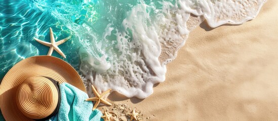 Aufkleber - Sandy beach with summer essentials like a sun hat, bag, and towel. Summer-themed background with room for text or image insertion. with copy space image. Place for adding text or design